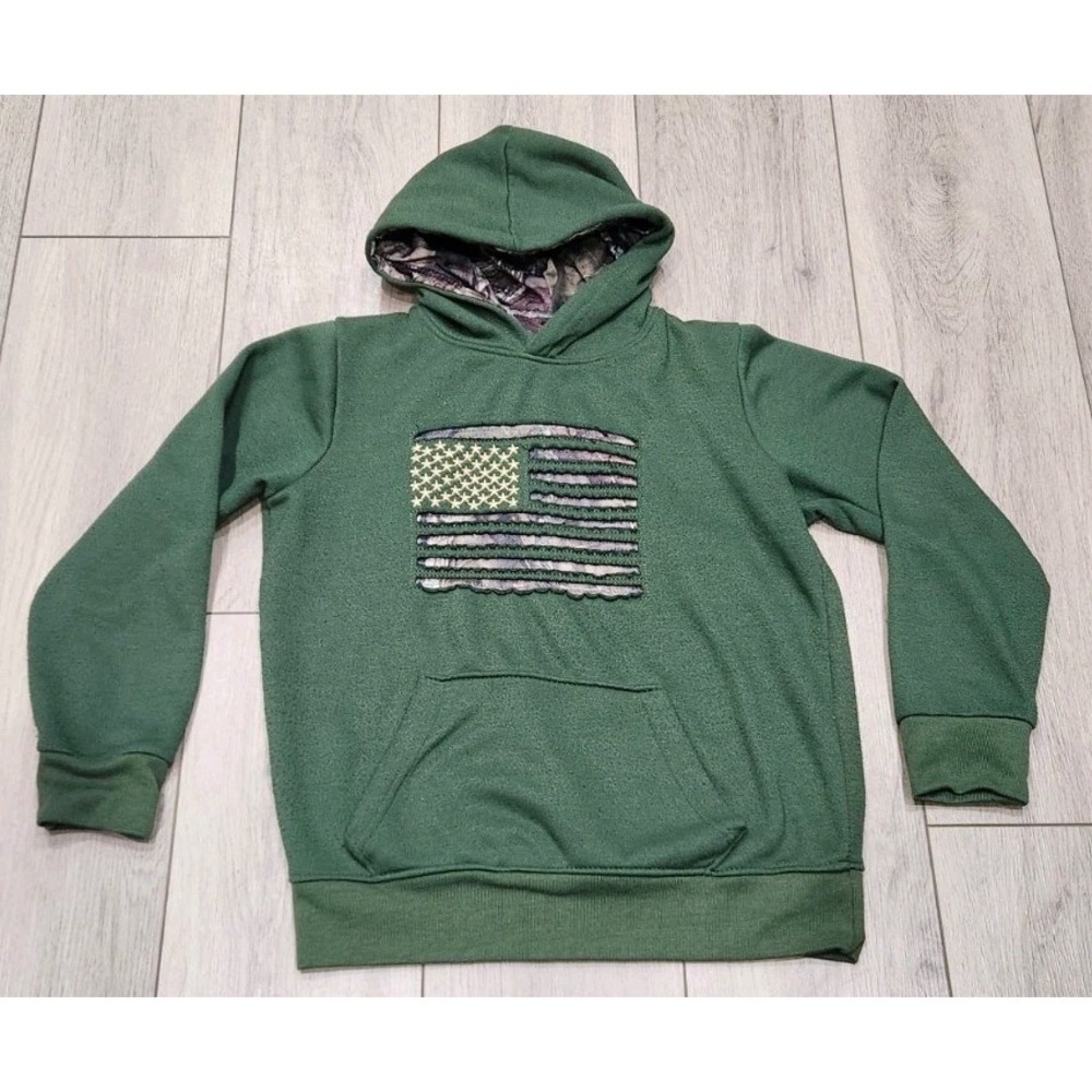 Mossy Oak Hoodie Kids Size 14/16 Green & Camo American Flag Sweatshirt